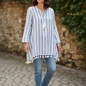 Rachel Zoe Blue and White Striped Tassel-Hem Tunic